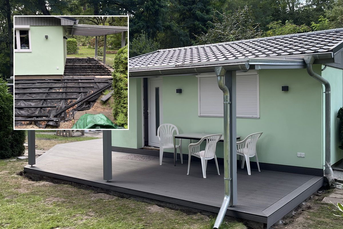 Renovierter Bungalow mit neuer überdachter Terrasse, vorher-nachher
