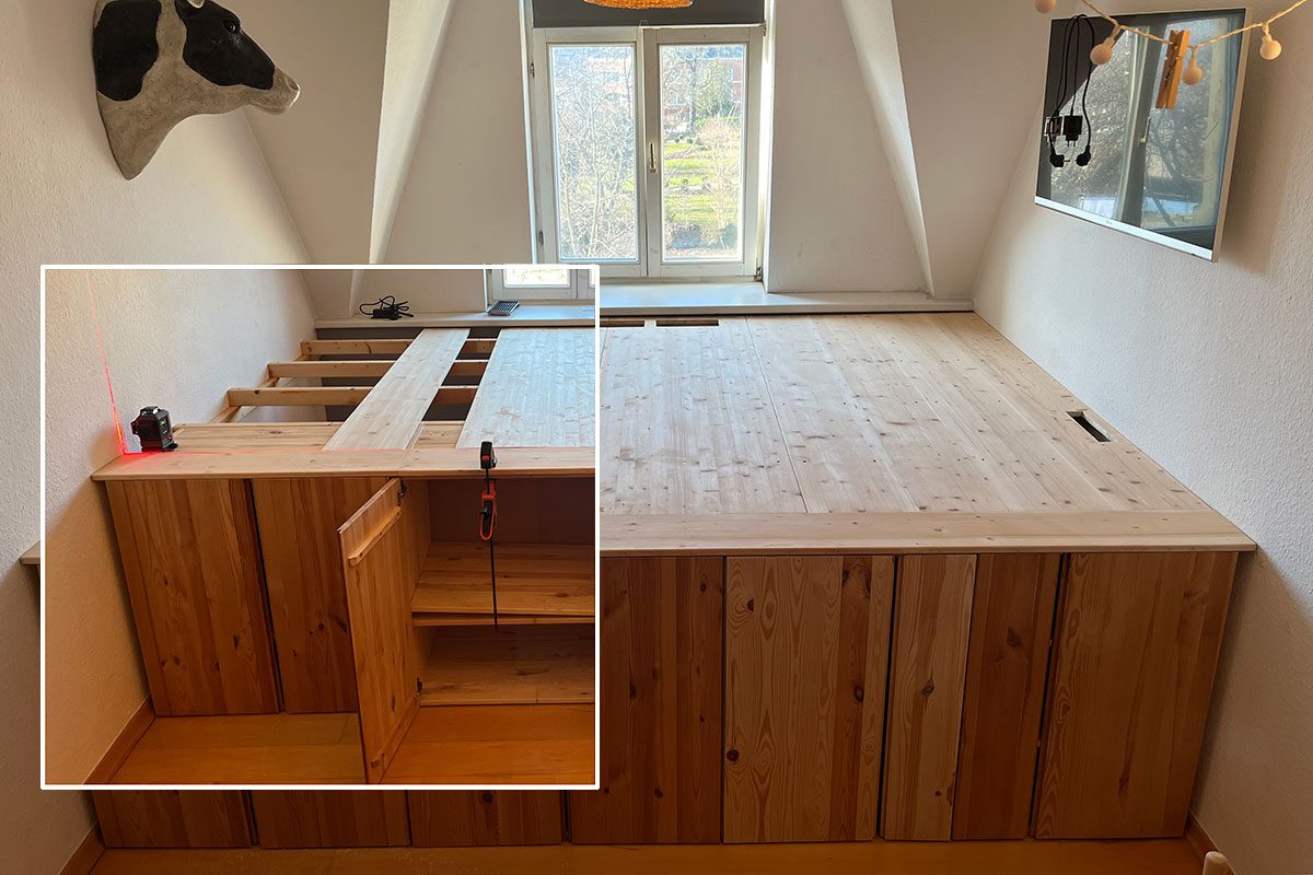 Maßgefertigtes Podestbett aus Holz mit Stauraum unter dem Dach